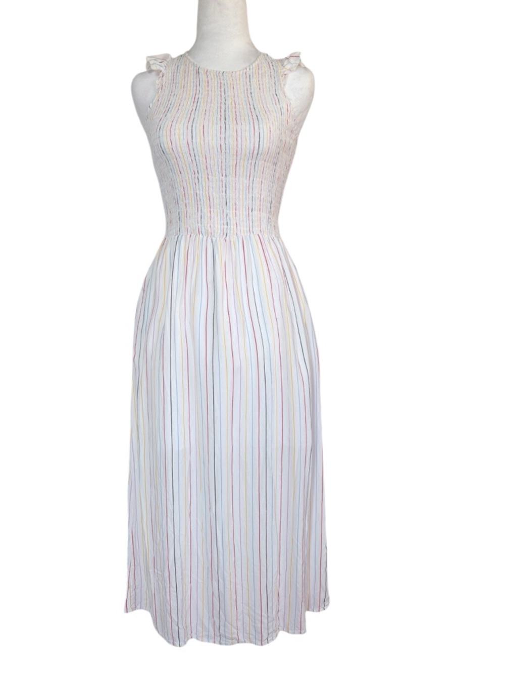 English Factory Rainbow Striped Midi Ruffled Shoulder Smocked White Dress Sz XS